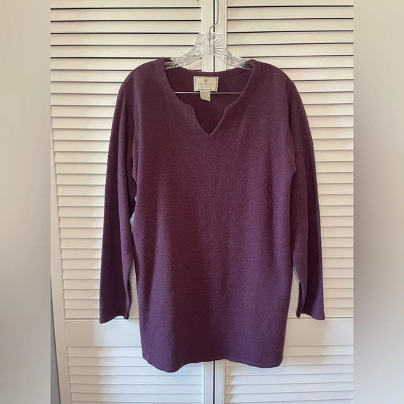 Vintage Express Tricot Plum Purple V-Neck Long Sleeve Sweater Large Side Vents - Picture 5 of 12